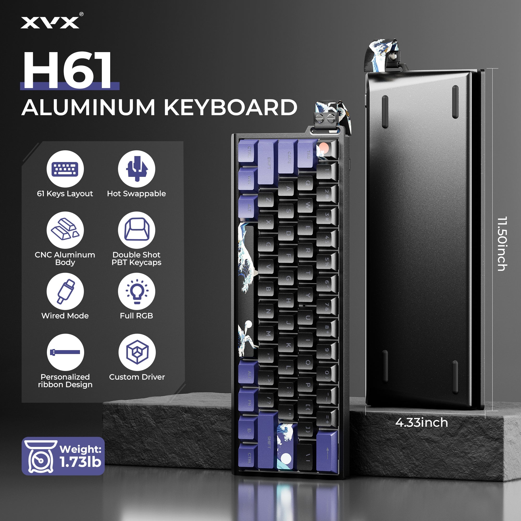 H61 Kanagawa 60% CNC Aluminum Hot-Swappable Wired Mechanical Keyboard